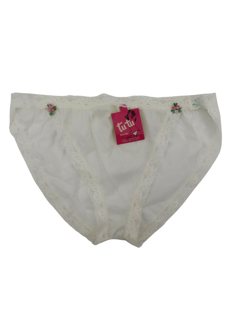 Vtg Tutu Bikini Women 7 Panty Solid White Pink Rosette Rose Lace Trim 1950s New